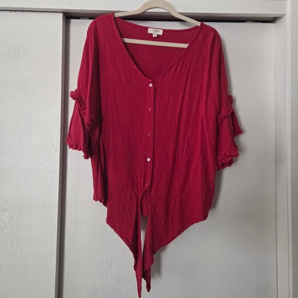 Umgee L Red Linen Blend Top Button-up Tiered Sleeves Ruffle Fringe Tie Waist - Picture 1 of 6